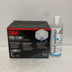 New 3M N95 Cool Flow Masks, Pro-Series 5pk Bonus 8 oz Hand Sanitizer 