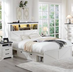 3-Piece White Farmhouse Bedroom Set - Full Bed, 7-Drawer Dresser + Vanity