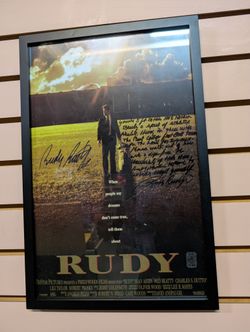 Vintage Signed Rudy Movie Poster Framed Display With Handwritten Autograph Note