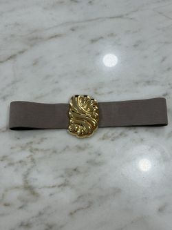 Vintage Belt 80s Signed Fashion Pearl Brass Elastic Stretch Enamel Gold Taupe Beige