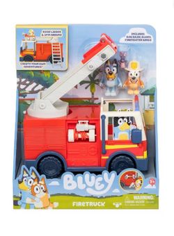Bluey Firetruck Playset - Red Fire Engine Toy   Brand new   Race to the rescue with the Bluey Fire Truck. Join fire girl Bingo, Bluey, and Bob Bilby i