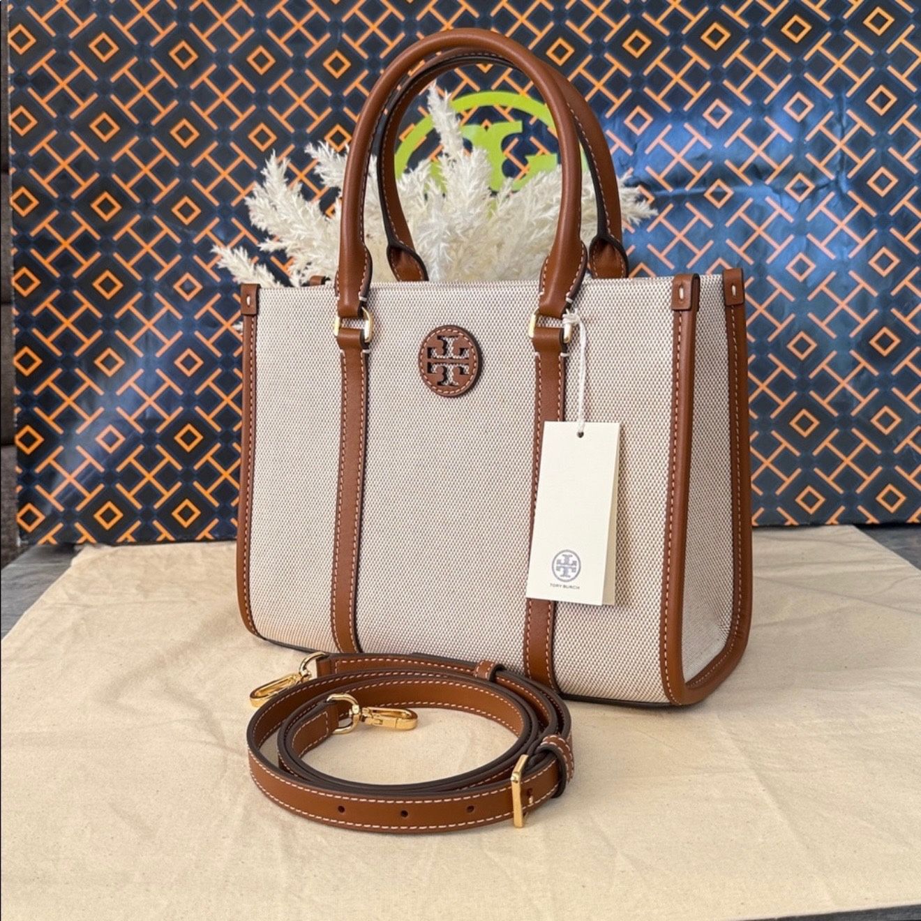 Tory Burch blake canvas Tan and Cream tote bag with brown strap