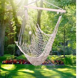 Cotton Hanging Rope Air/Sky Chair Swing,Sturdy Wood Bar for Indoor Outdoor Garden Yard Patio Porch(Beige