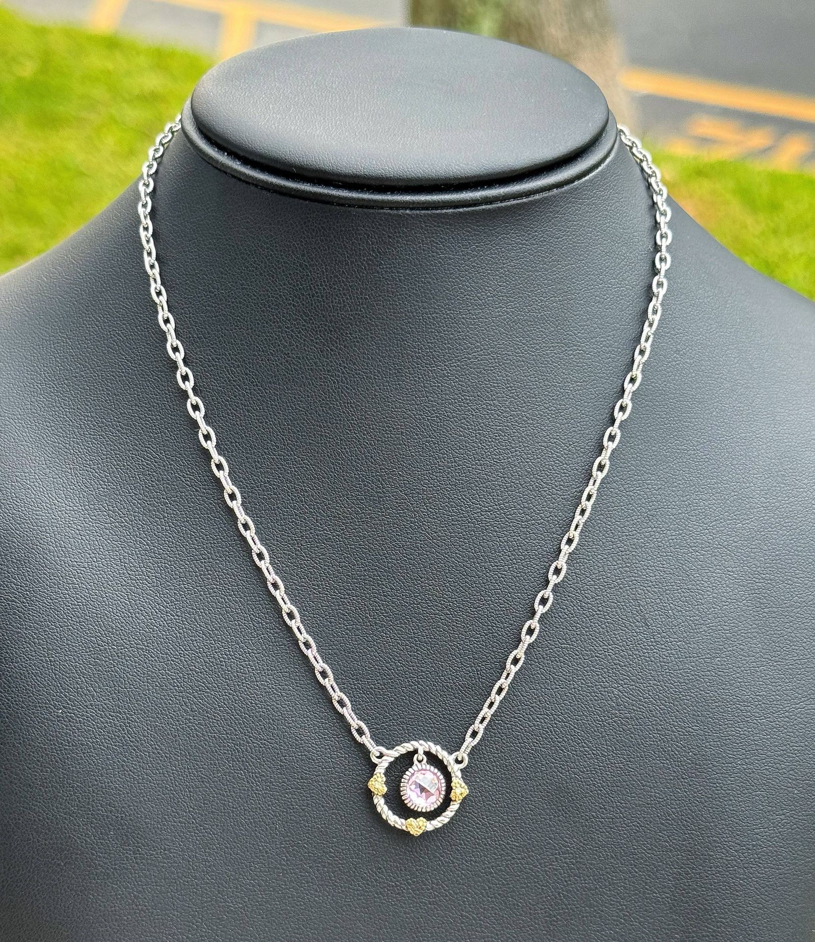 Jewelry Judith Ripka Sterling 18K yellow Gold .925 sterling silver Pink Quartz Natural Diamond Necklace 2.10CTW 17" 3.00mm JR Pink Pouch