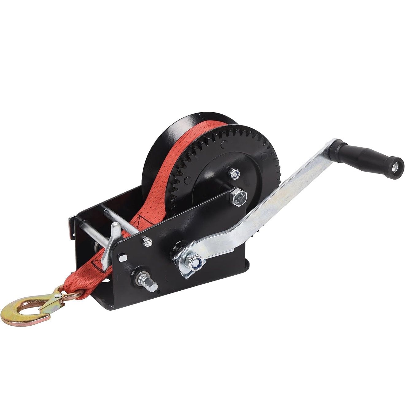 Boat Trailer Winch Hand Winch 3500lbs Heavy Duty Hook with 33ft Red Polyester Strap, Two Way Ratchet