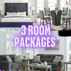 NEW 3 ROOM PLATINUM PACKAGE DEAL- BED MATTRESS DINING ROOM SECTIONAL SOFA LOVESEAT AND FINANCING AVAILABLE 