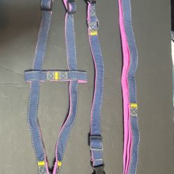 3 Piece Denim Dog Collar & Harness Set M&L