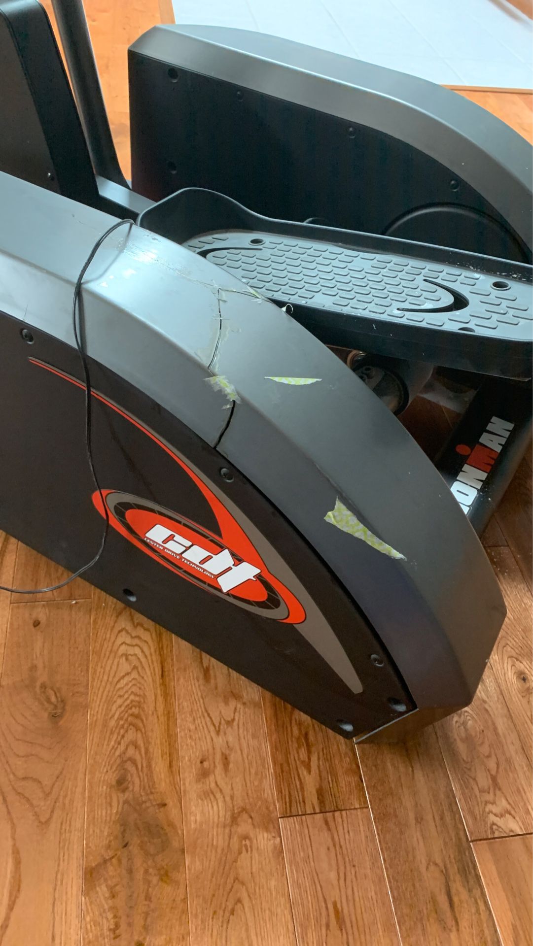 Elliptical one side is cracked however it works like brand new. My husband was standing a a chair and he fell right on top of it. Got it from Costco