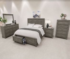 4 PIECE GRAY QUEEN BEDROOM SET WITH STORAGE: QUEEN BED FRAME, NIGHTSTAND, DRESSER, MIRROR