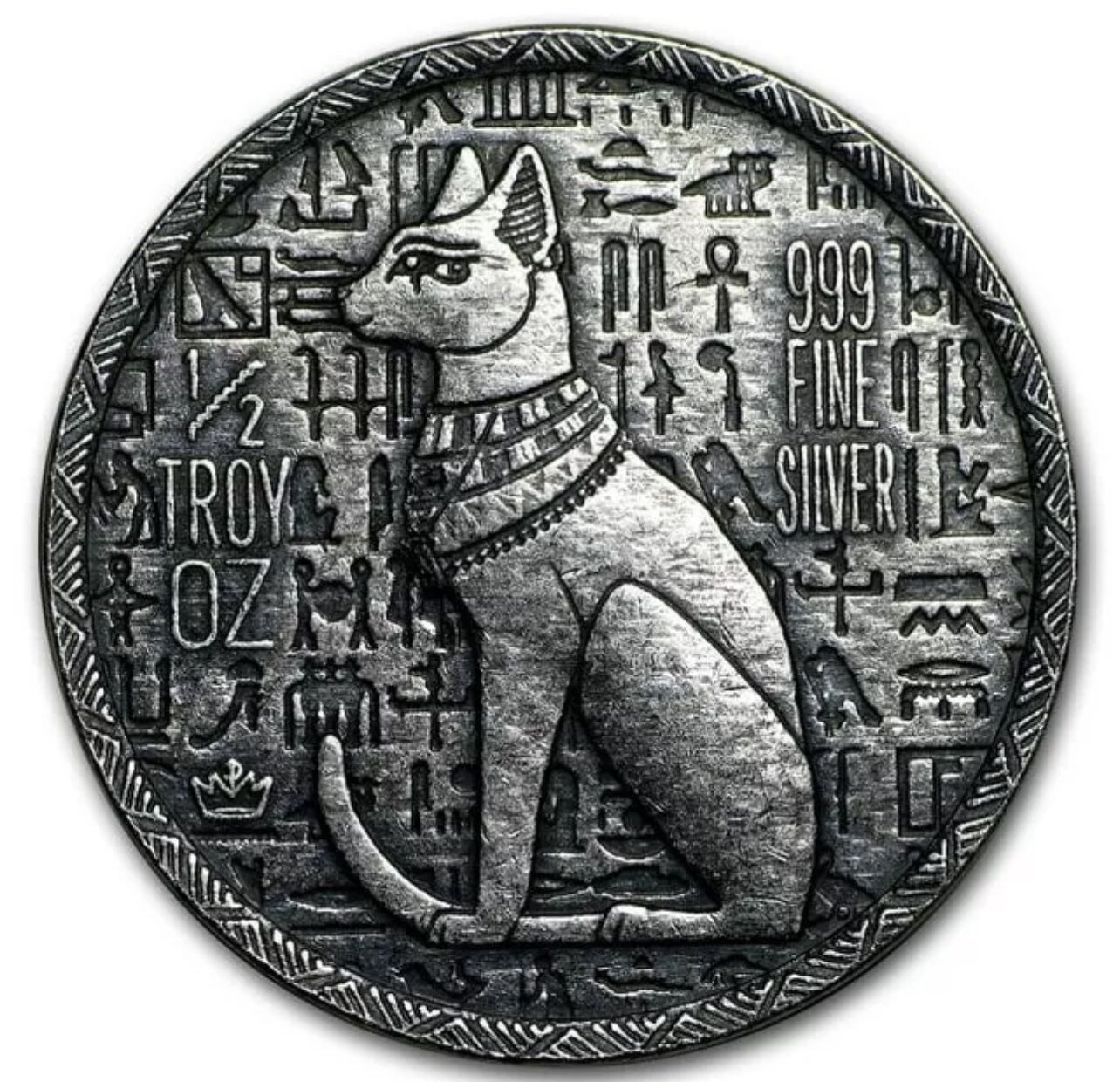 Ancient Egyptian Cat Goddess Baset • 1/2 oz Pure Silver Round (.999 Fine) • Ultra High Relief Coin Minted by Monarch Precious Metals
