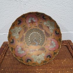 Vintage Soviet Brass Enamel Peacock Floral Bowl 10” Wide Beryozka Russia (W)