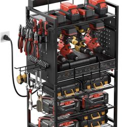 Power Tool Organizer Floor Stand with Charging Station, Garage Adjustable Storage Rack Utility Tool Shelf with 8 Outlet Power Strip