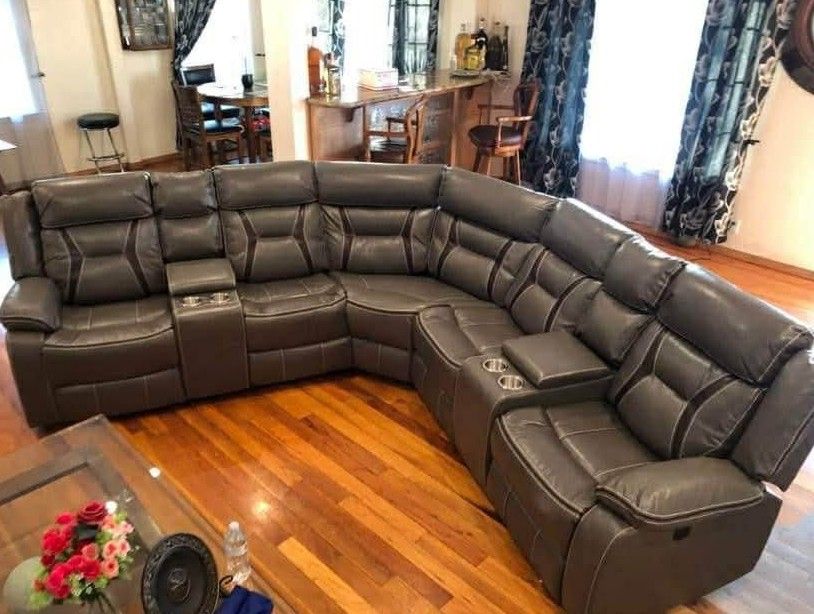Leather recliner sectional sofa with 2 consoles With Cup holder