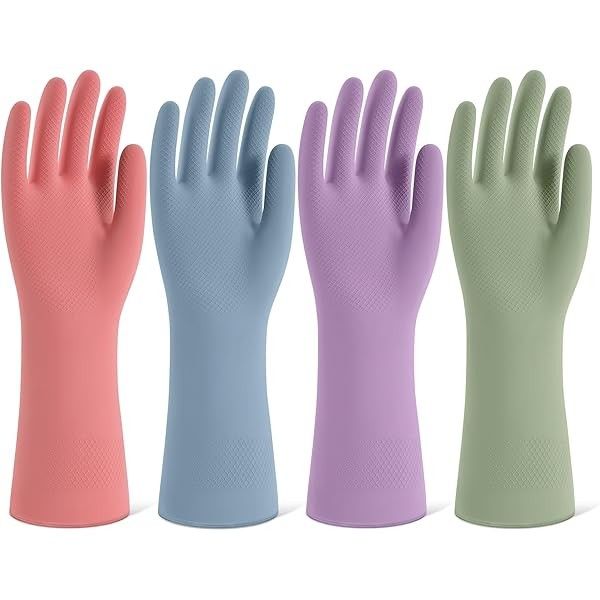 Rubber Cleaning Gloves for Dishwashing, 4 Pairs Reusable Kitchen Gloves for Washing Dishes and Household Cleaning, Colorful Dish Gloves with Flocked L