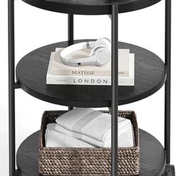 Side Table, 3-Tier Modern End Table with Wheels, Small Round Nightstand Bedside Table for Living Room, Bedroom, or Small Spaces-Black