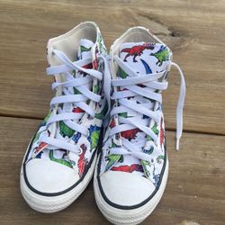 Kids White Converse All Star high top trainers with dinosaur print #dinosaurprint 