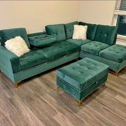 Brand New Green Velvet Sectional With Storage Ottoman 