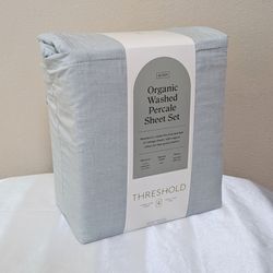 New Threshold Organic Cotton Washed Percale Sheet Set 4-Piece Queen Blue