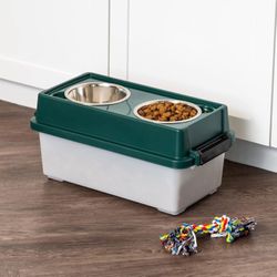 New! 13 Lb / 12 Qt Medium Elevated Dog Feeder w/ Airtight Pet Food Storage Container AND Removable Stainless Steel Bowls