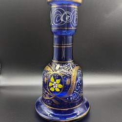 Vintage Persian Cobalt Blue Glass Decanter Vase 11.5 " Handpainted EUC
