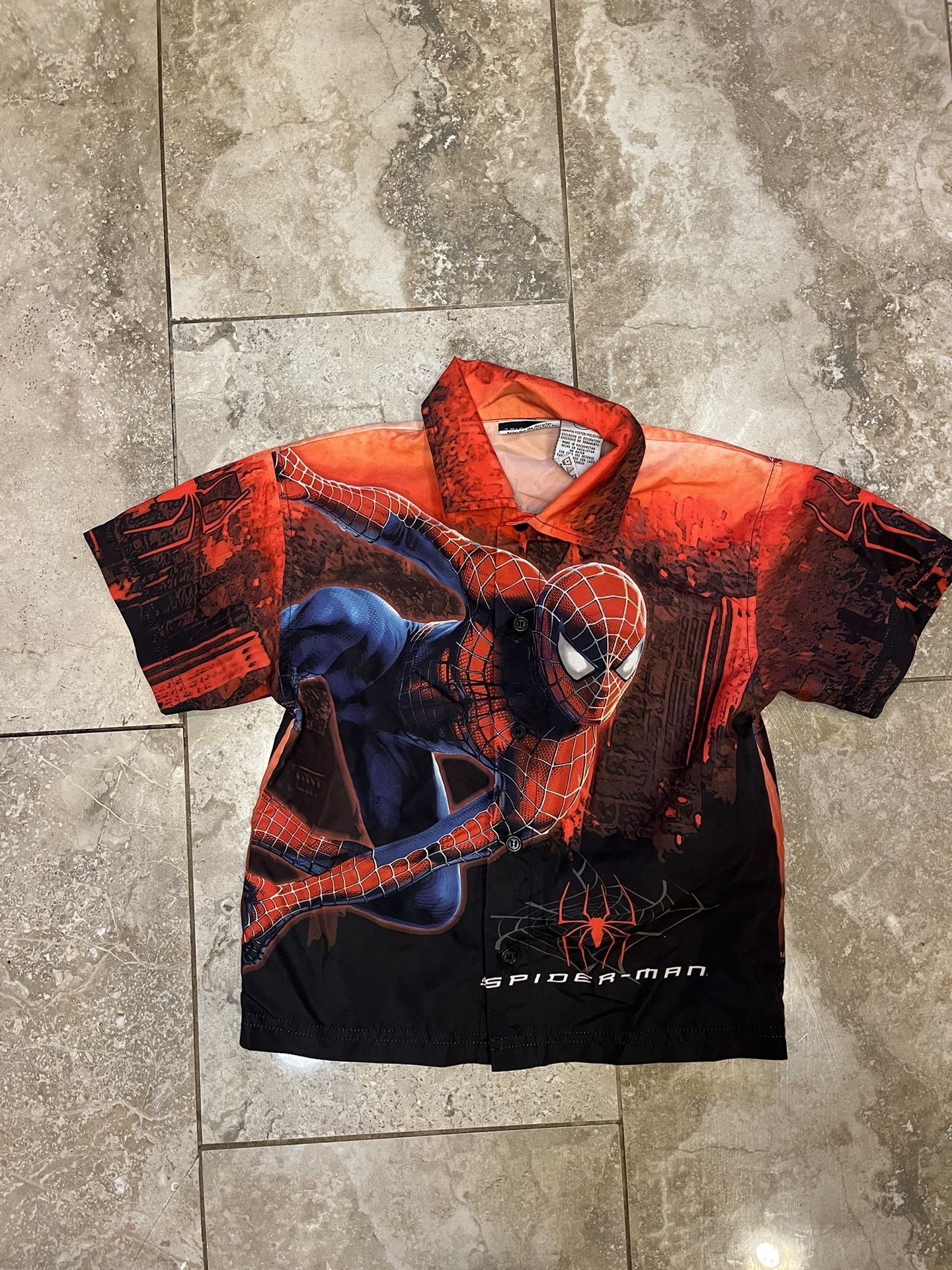 Vintage SPIDERMAN Marvel 2002 AOP All Over Print Button Up Shirt Youth size 6
