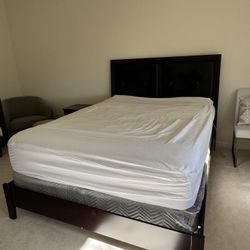 Queen Size Dark Wood Bed Frame and mattress with Tufted Headboard
