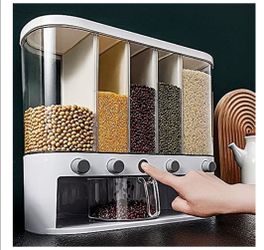 Dry Food Dispenser,Wall mounted 5 Grid Cereal Dispenser,Rice dispenser 25 pounds Kitchen Storage with Measuring Cup