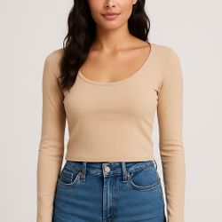 Slip into effortless chic with our Soft Sand Beige Ribbed Long-Sleeve Top!