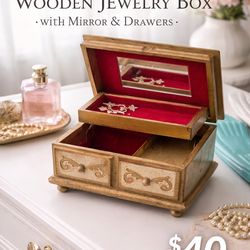 Vintage Wooden Jewelry Box Velvet Lined Mirror Box