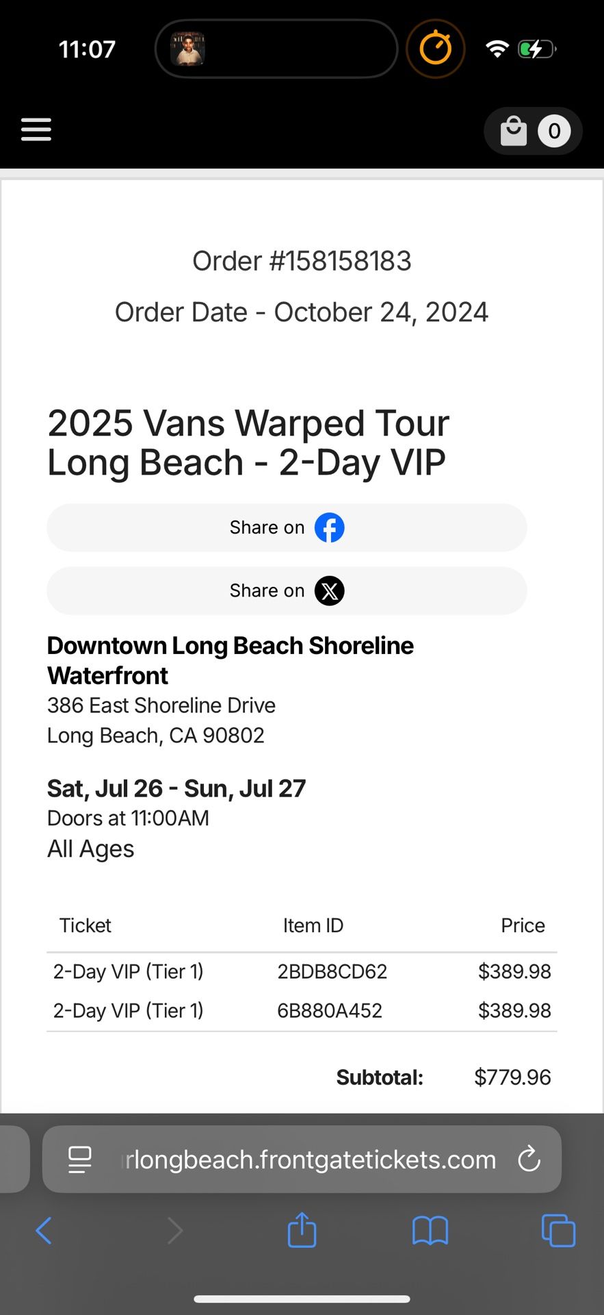 Vans Warped Tour 2 Day VIP