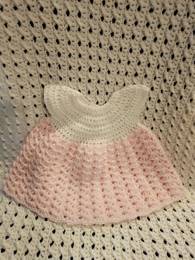 Soft White and Pink Crotchet Baby Dress