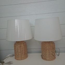 NEW set of 2) cane wicker table lamps with shades modern mcm boho bohemian home decor lighting 