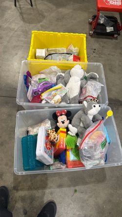 Few totes of toys and school supplies