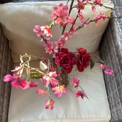 Fuchsia Cherry Blossom in Rattan Wrapped Bottle Vase 