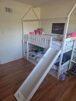 Wooden Bunk Bed  with slide Frame Twin over twin bed
