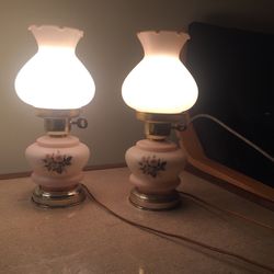 Vintage Double globe Glass Rose Hurricane Lamps, Pair