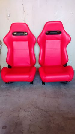 Pair of Vinyl Leather Red Reclinable Racing Seats Universal Fit w/Sliders L+R