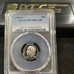 1989 S Perfect Graded Roosevelt Dime Graded At PR70 With A Deep Cameo 5-9