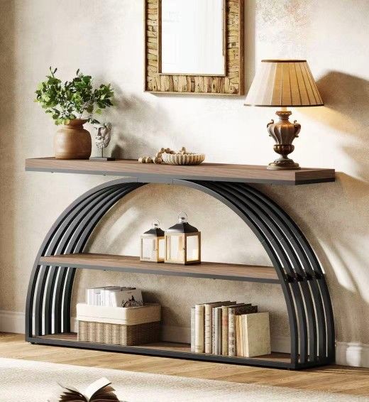 QQ0005 63-Inch 3-Tier Industrial Console Table for Entryway