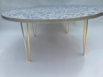Vintage Mid-Century Round Mosaic Tile Coffee Table – Blue & White – Hairpin Legs