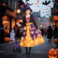 5-7yrs  Spooktacular Creations Light Up Witch Costume for Toddler Girls, Fairy Tale Witch Outfit for Kids Halloween Dress Up Parties