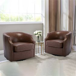 Set Of 2 - Coffee Brown PU Worn Leather Oversized Industrial Swivel Glider Barrel Chairs [NEW IN BOX] **Retails for $750