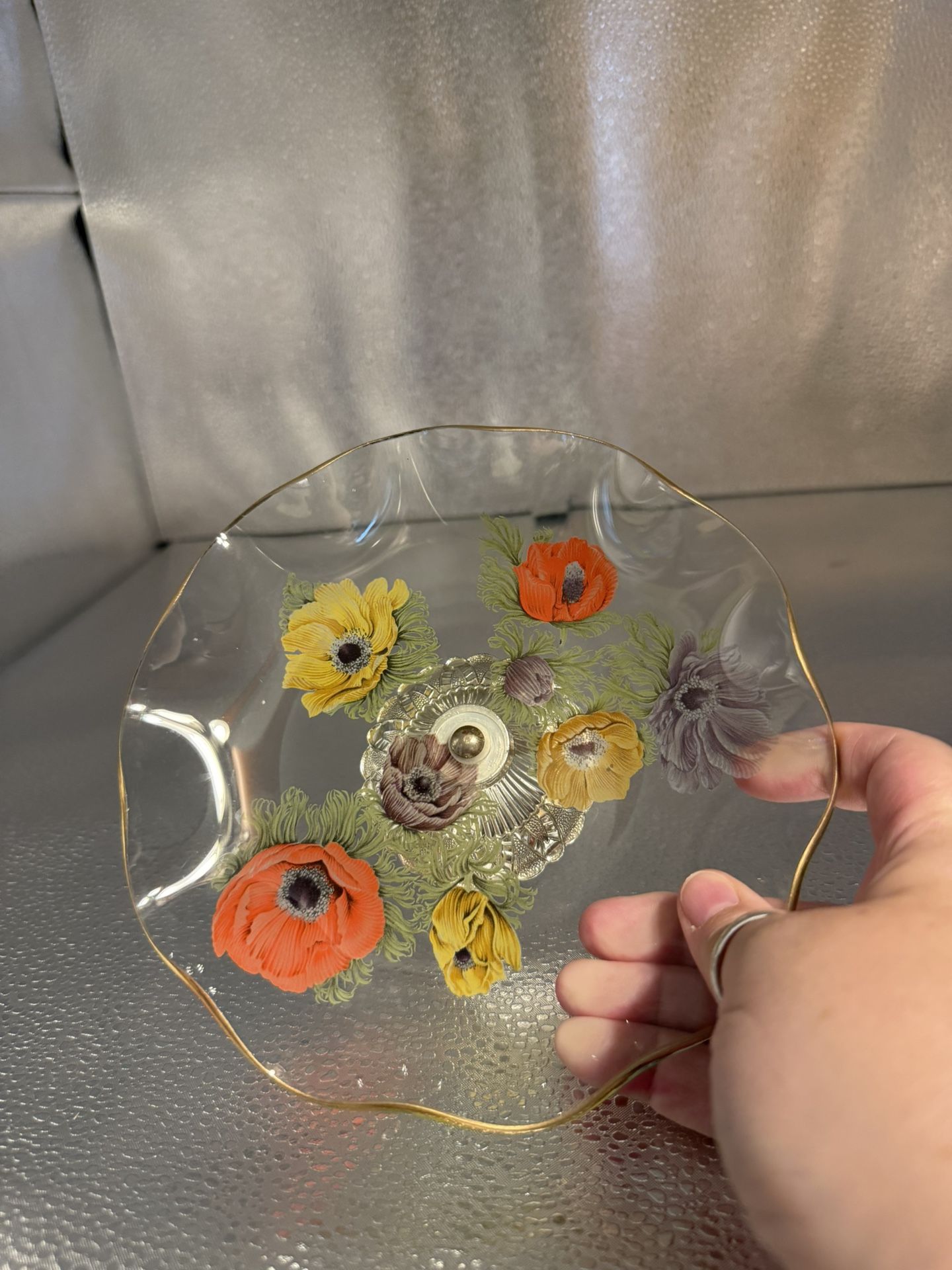 Beautiful Glass Plate With Flowers On A Pedestal