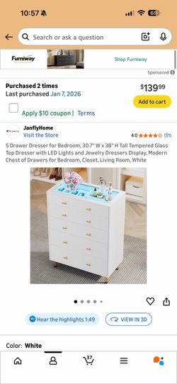 Brand New Sealed White 5-Drawer Dresser with LED Lights & Glass Top - $120