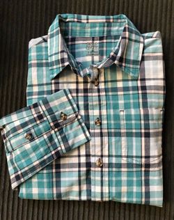 NWT! Falls Creek Boys sz L (10/12) long sleeve plaid dress shirt blue teal woven