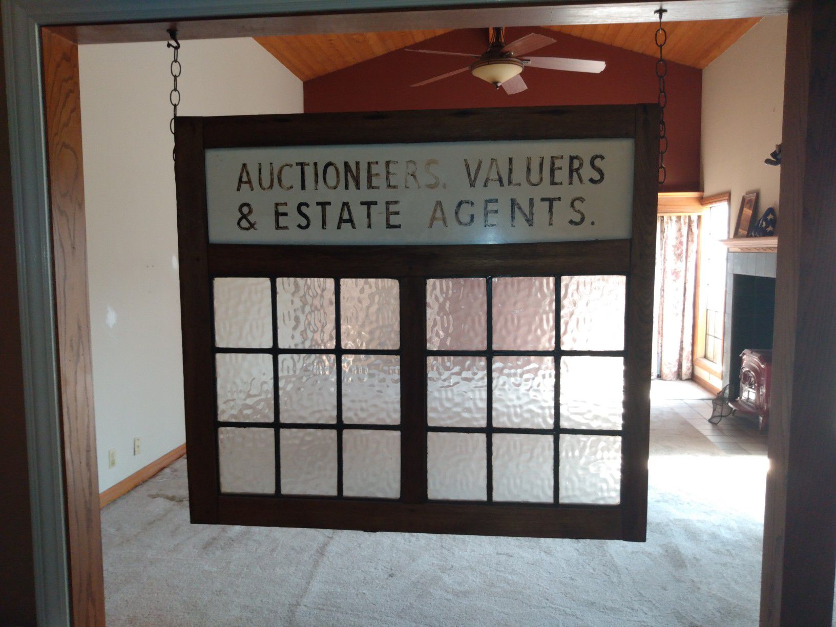 Antique Leaded glass window with business name