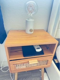 A Pair of Wood Nightstand with Rattan Drawer