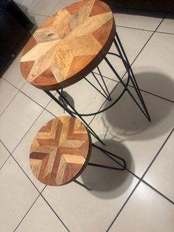 Set of 2 Round Wood and Metal Side Tables
