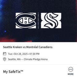 2 tickets Kraken vs. Montreal Canadiens, Tue 10/28, 7:30 PM