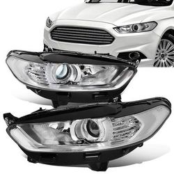 13-16 Ford Fusion Chrome Housing Headlights With Clear Corners, Luces Cromadas Esquinas Claras 